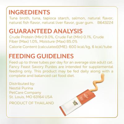 Show full view: Fancy Feast Savory Puree Naturals Salmon & Tuna Flavored in a Demi-Glace Squeezable Lickable Adult Cat Treats, 0.35-oz tube, case of 4 slide 9 of 12