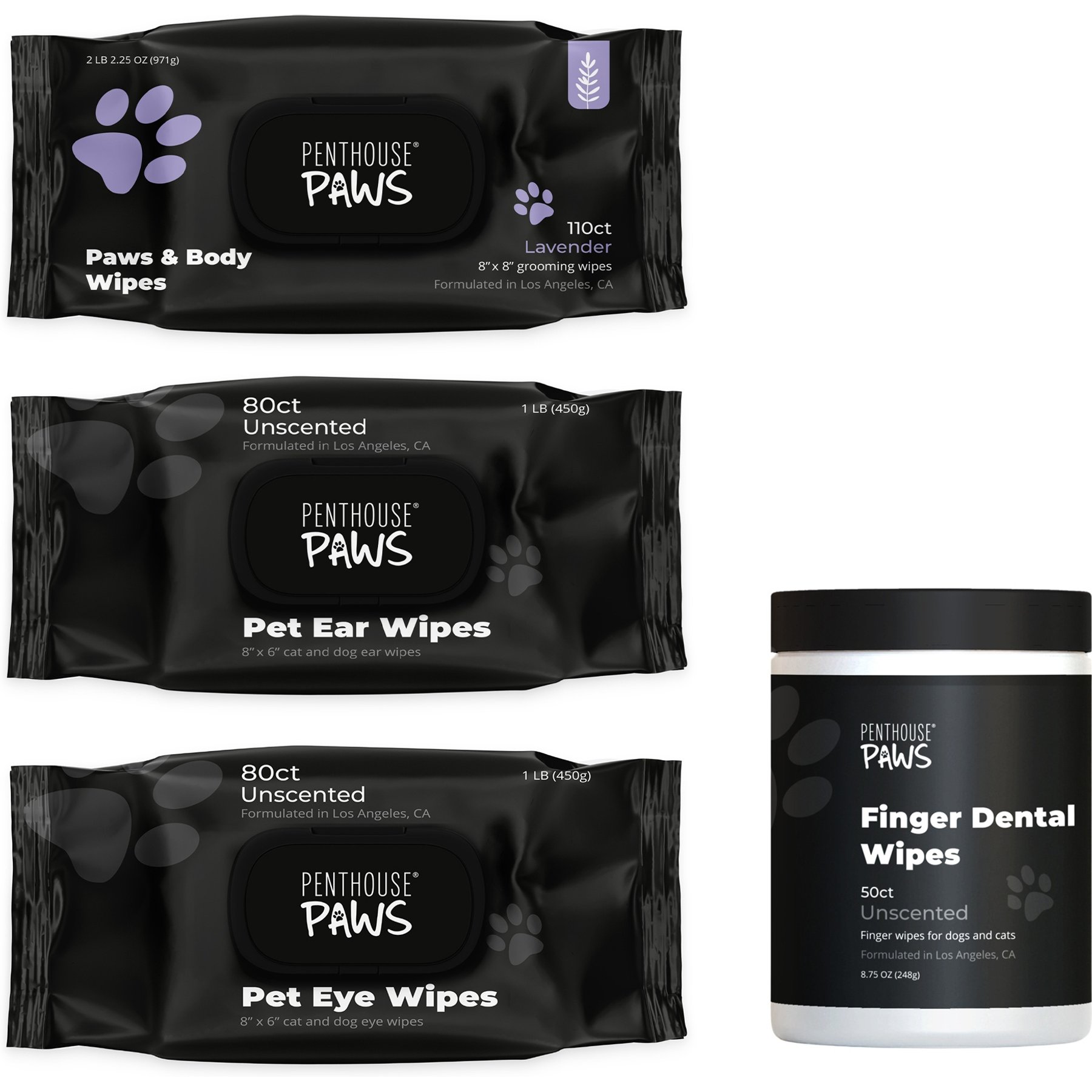 Penthouse Paws Grooming Essentials Trial Pack - Body & Paw Cleansing, Tear Stain, Ear Care, & Dental Wipes, 4 Pack