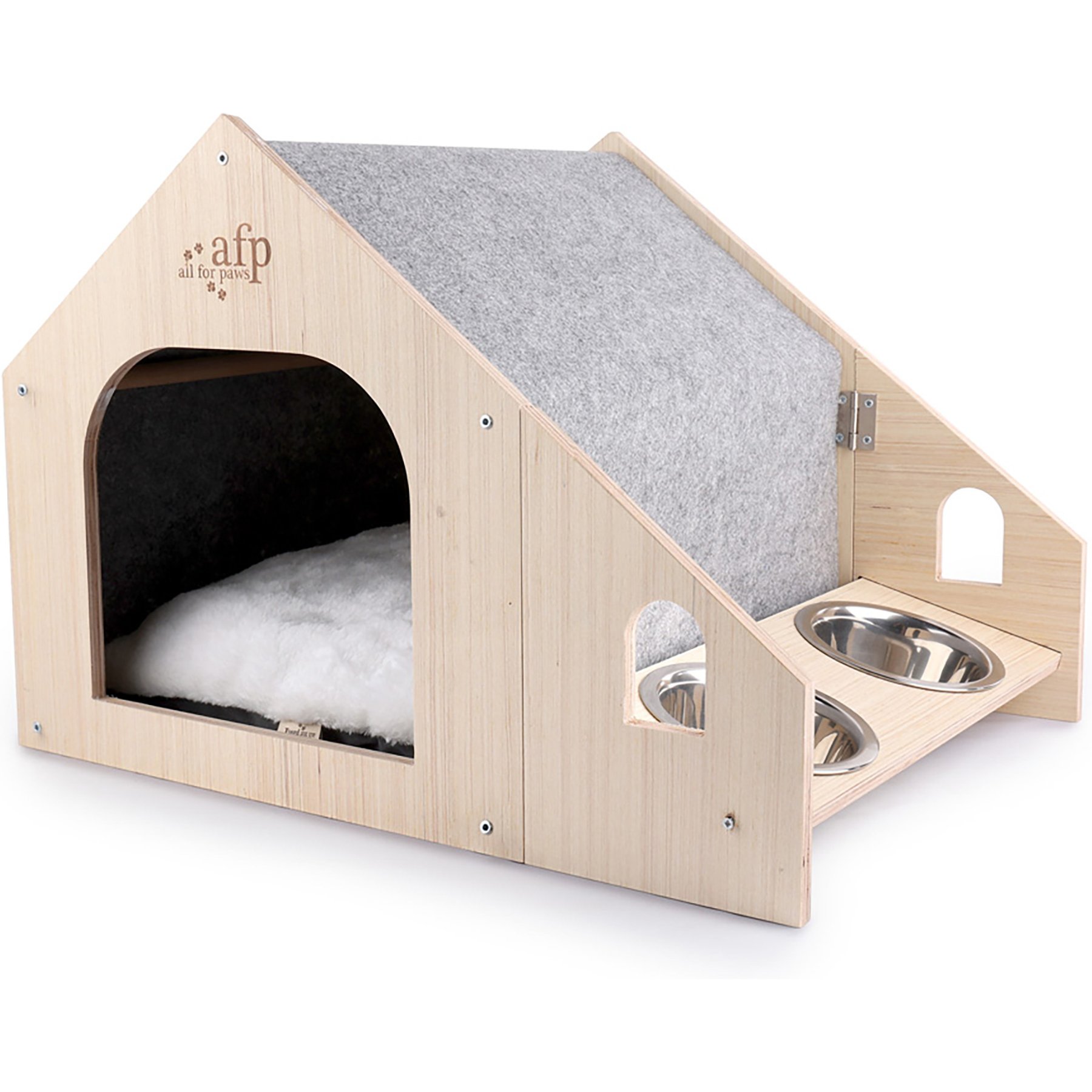 allforpaws Classic Comfort-Feline Cat House with Feeding Bowls, Beige