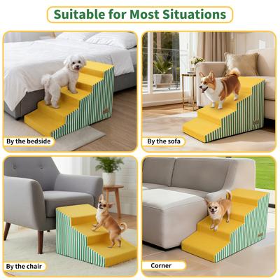 Show full view: BingoPaw High-Density Foam Bed & Sofa Dog Stairs with Gentle Slope, Yellow with Green Stripe, 4 steps slide 8 of 11