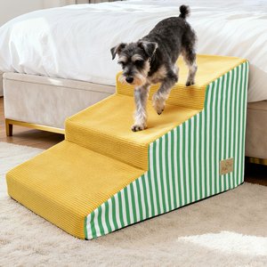 BingoPaw High-Density Foam Bed & Sofa Dog Stairs with Gentle Slope, Yellow with Green Stripe, 3 steps