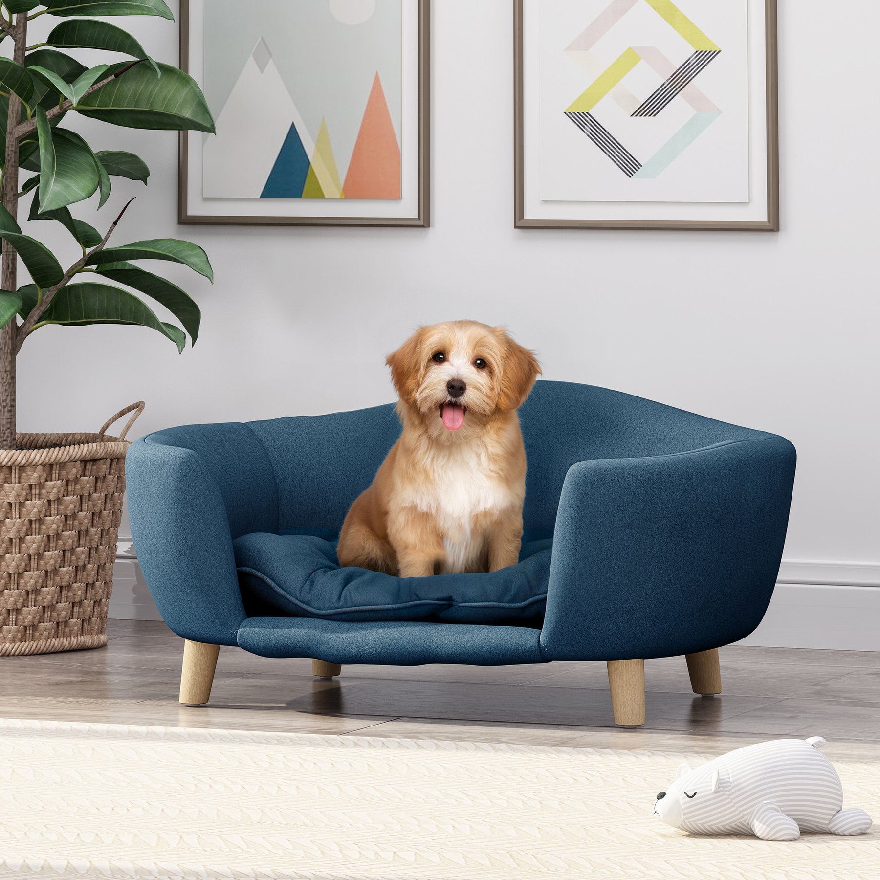 jansno Elevated Fabric Dog Bed with Wood Legs, Navy Blue
