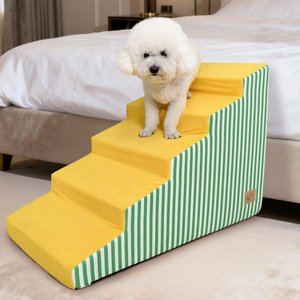 BingoPaw High-Density Foam Bed & Sofa Dog Stairs with Gentle Slope, Yellow with Green Stripe, 5 steps