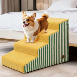 BingoPaw High-Density Foam Bed & Sofa Dog Stairs with Gentle Slope, Yellow with Green Stripe, 4 steps