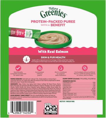 Show full view: Feline Greenies Smart Purees Grain-Free Salmon Flavor Lickable Cat Treats 0.49-oz tube, 20 count slide 3 of 10