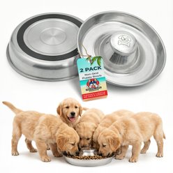 Pacific Pups Rescue Non-Skid & Non-Slip Grip Stainless Steel Litter Slow Feeder Puppy Bowl, 5-cup, 11.8-in, 2 count