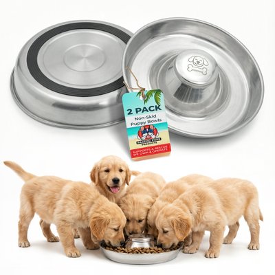 Pacific Pups Rescue Pacific Pups Rescue Non-Skid & Non-Slip Grip Stainless Steel Litter Slow Feeder Puppy Bowl, 5-cup, 11.8-in, 2 count