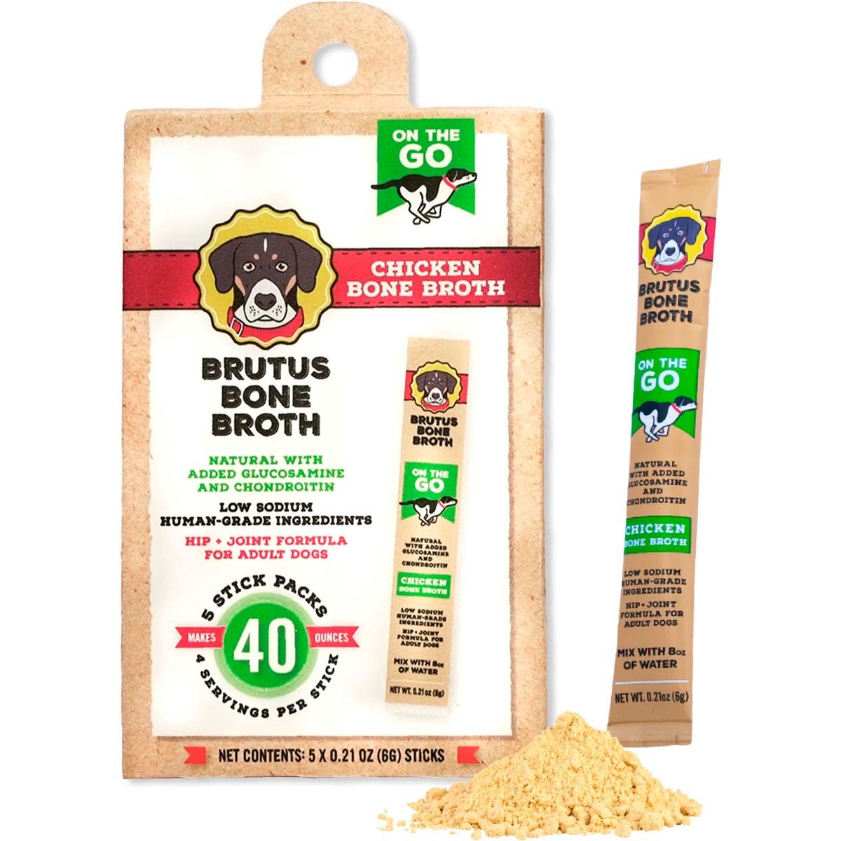 Brutus Broth Chicken Bone Broth Powder Hip & Joint with Glucosamine On-the-Go Dog Food Topper, 5 count