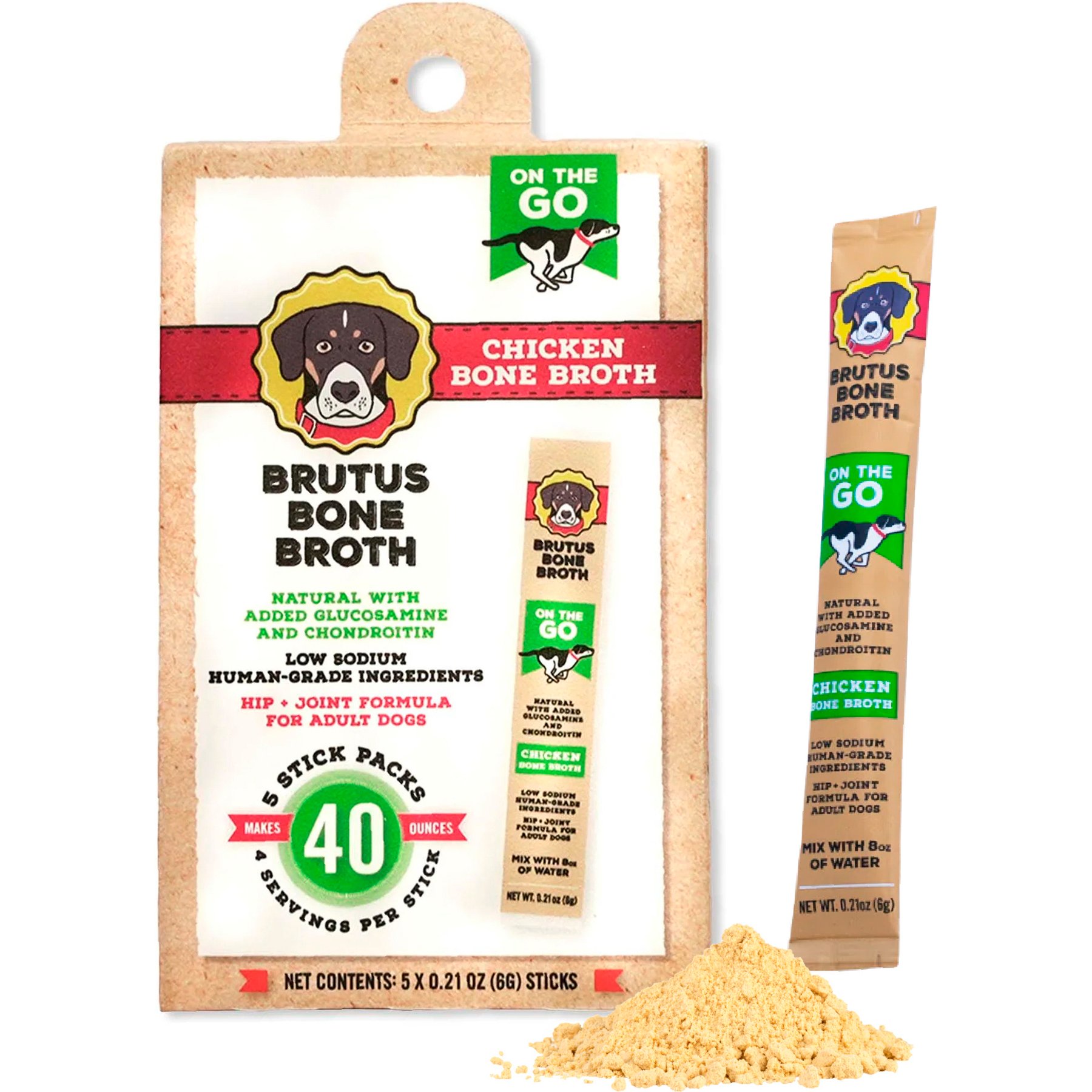 Brutus Broth Chicken Bone Broth Powder Hip & Joint with Glucosamine On-the-Go Dog Food Topper, 5 count​