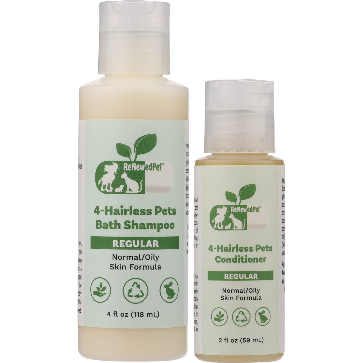 RenewedPet 4-Hairless Regular Formula Dog, Cat & Small Pet Shampoo & Conditioner, Soft Scent, 4-fl oz bottle & 2-fl oz bottle