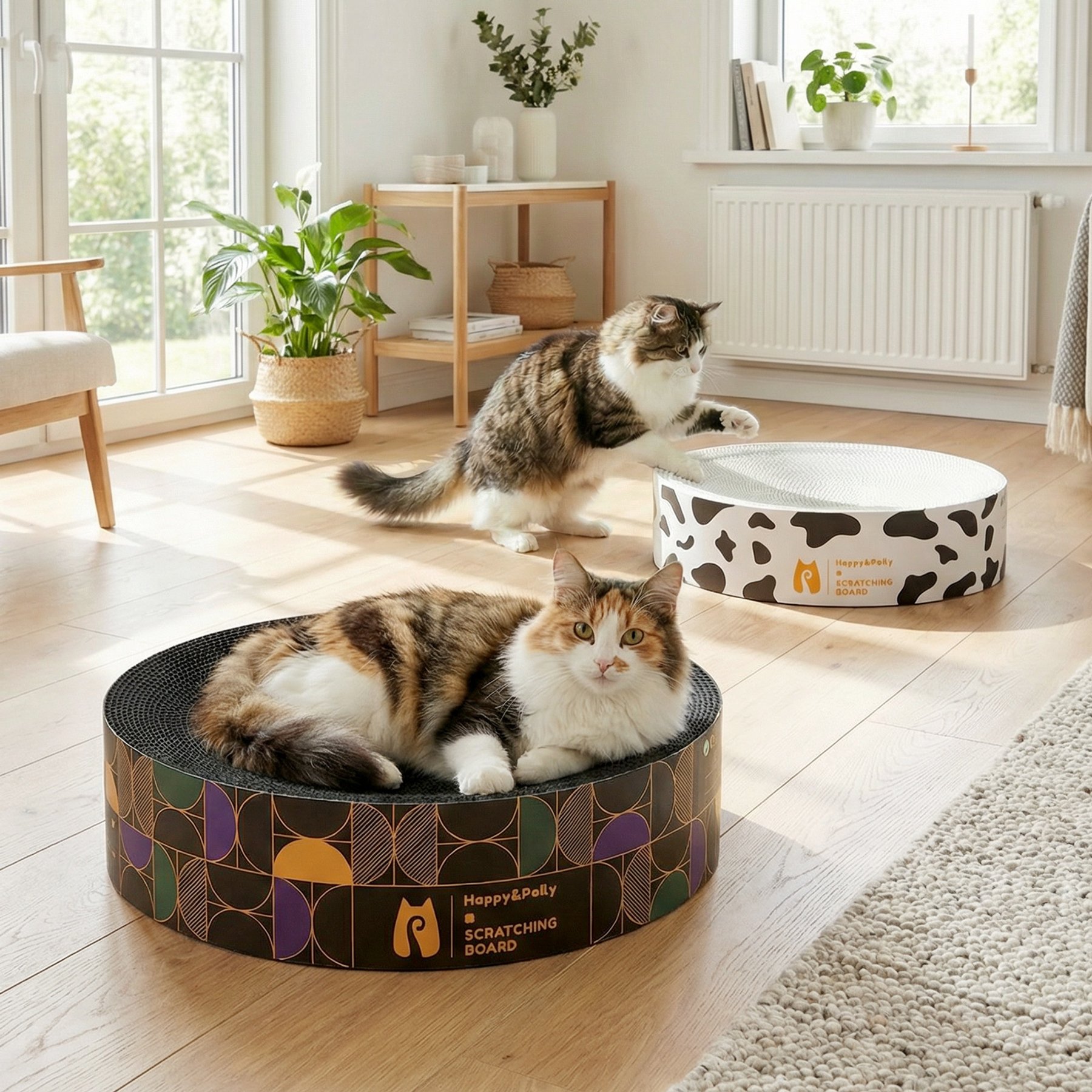 Happy & Polly Double-Sided Round Cat Scratcher Bed Toy, Set of 2, Black/White