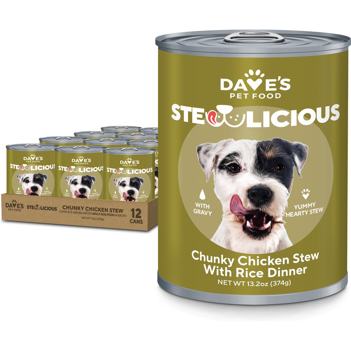 Dave's Pet Food Stewlicious Chunky Chicken Stew with Rice in Gravy Wet Dog Food, 13.2-oz can, case of 12