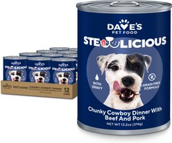 Dave's Pet Food Stewlicious Grain-Free Chunky Cowboy Dinner with Beef & Pork in Gravy Wet Dog Food, 13.2-oz can, case of 12
