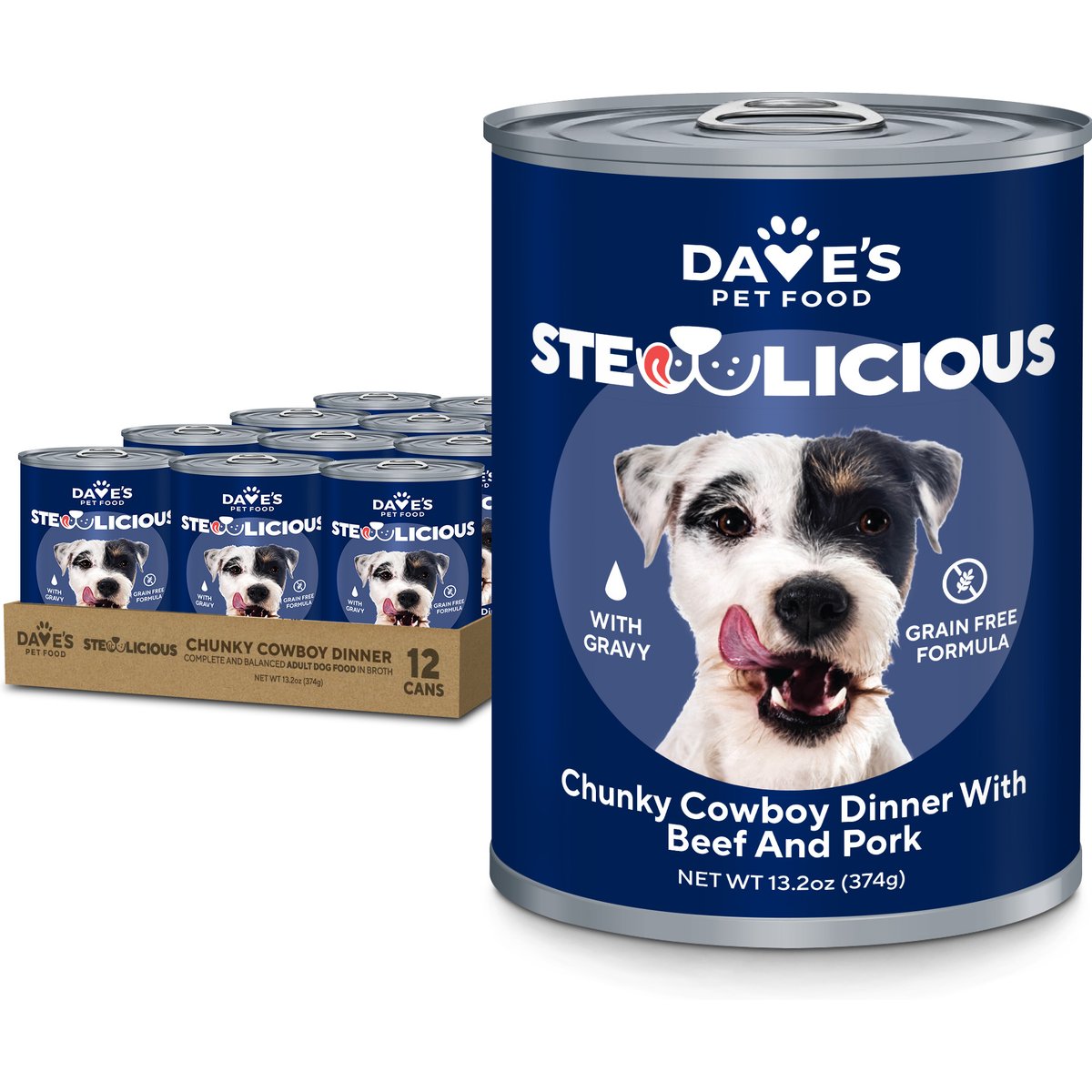 Dave's Pet Food Stewlicious Grain-Free Chunky Cowboy Dinner with Beef & Pork in Gravy Wet Dog Food, 13.2-oz can, case of 12