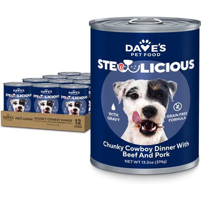 Dave's Pet Food Dave's Pet Food Stewlicious Grain-Free Chunky Cowboy Dinner with Beef & Pork in Gravy Wet Dog Food, 13.2-oz can, case of 12
