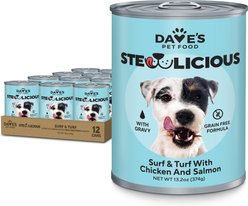 Dave's Pet Food Stewlicious Grain-Free Surf & Turf with Chicken & Salmon in Gravy Wet Dog Food, 13.2-oz can, case of 12