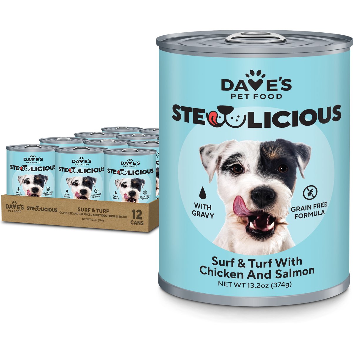 Dave's Pet Food Stewlicious Grain-Free Surf & Turf with Chicken & Salmon in Gravy Wet Dog Food, 13.2-oz can, case of 12