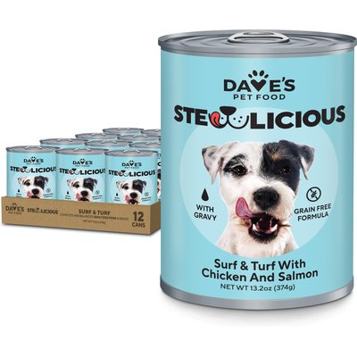 Dave's Pet Food Dave's Pet Food Stewlicious Grain-Free Surf & Turf with Chicken & Salmon in Gravy Wet Dog Food, 13.2-oz can, case of 12