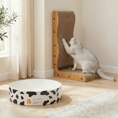 Happy & Polly Happy & Polly 26-in L-Shape Cardboard Cat Scratcher & 3.9-in Round Scratching Pad Set, 2 count, White