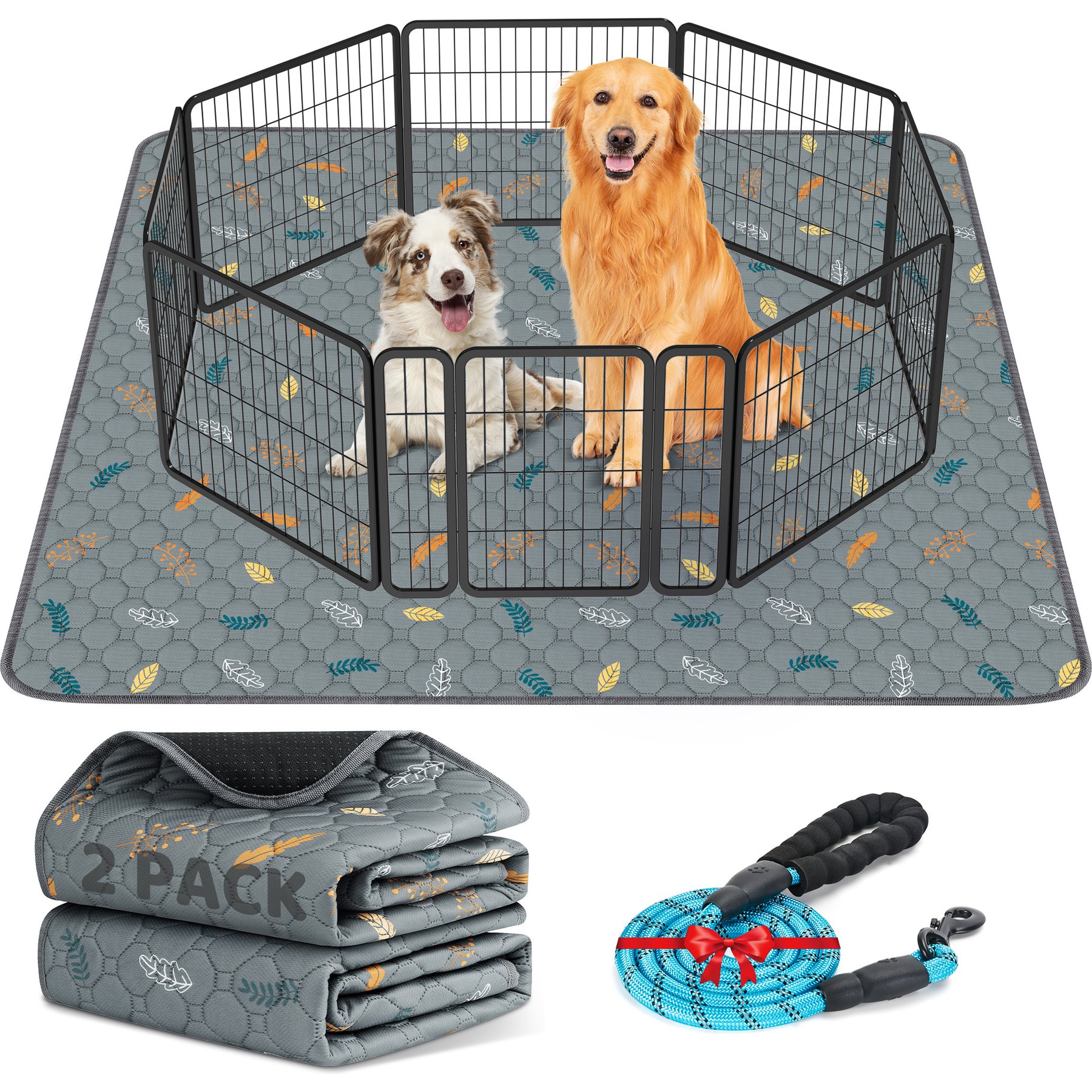 HOMAGICO Leaf Pattern Super Absorbent Non-Slip Washable Puppy Pee Pads with 60-in Leash, Gray, 48 x 60-in, 2 count