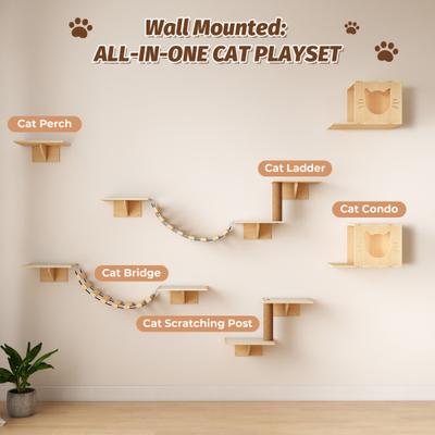 Show full view: Coziwow 8-in-1 Wall-Mounted Cat Wall Shelves, Natural slide 4 of 9