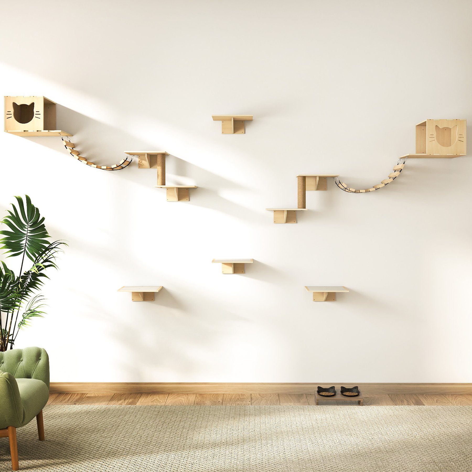 Coziwow 8-in-1 Wall-Mounted Cat Wall Shelves, Natural