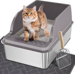 UPSKY Stainless Steel Leak-Proof & Non-Stick Cat Litter Box with Lid, Scoop & Mat, X-Large, Opaque Grey