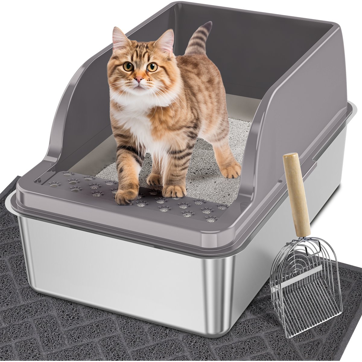 UPSKY Stainless Steel Leak-Proof & Non-Stick Cat Litter Box with Lid, Scoop & Mat, X-Large, Opaque Grey