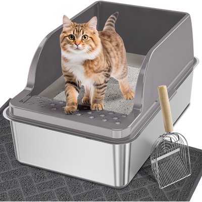 UPSKY UPSKY Stainless Steel Leak-Proof & Non-Stick Cat Litter Box with Lid, Scoop & Mat, X-Large, Opaque Grey