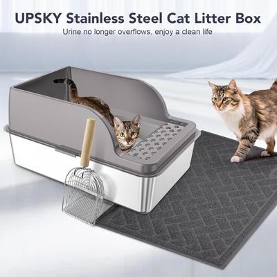 Show full view: UPSKY Stainless Steel Leak-Proof & Non-Stick Cat Litter Box with Lid, Scoop & Mat, X-Large, Opaque Grey slide 8 of 9