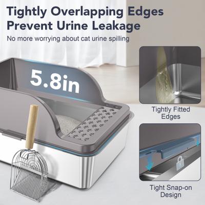 Show full view: UPSKY Stainless Steel Leak-Proof & Non-Stick Cat Litter Box with Lid, Scoop & Mat, X-Large, Opaque Grey slide 5 of 9
