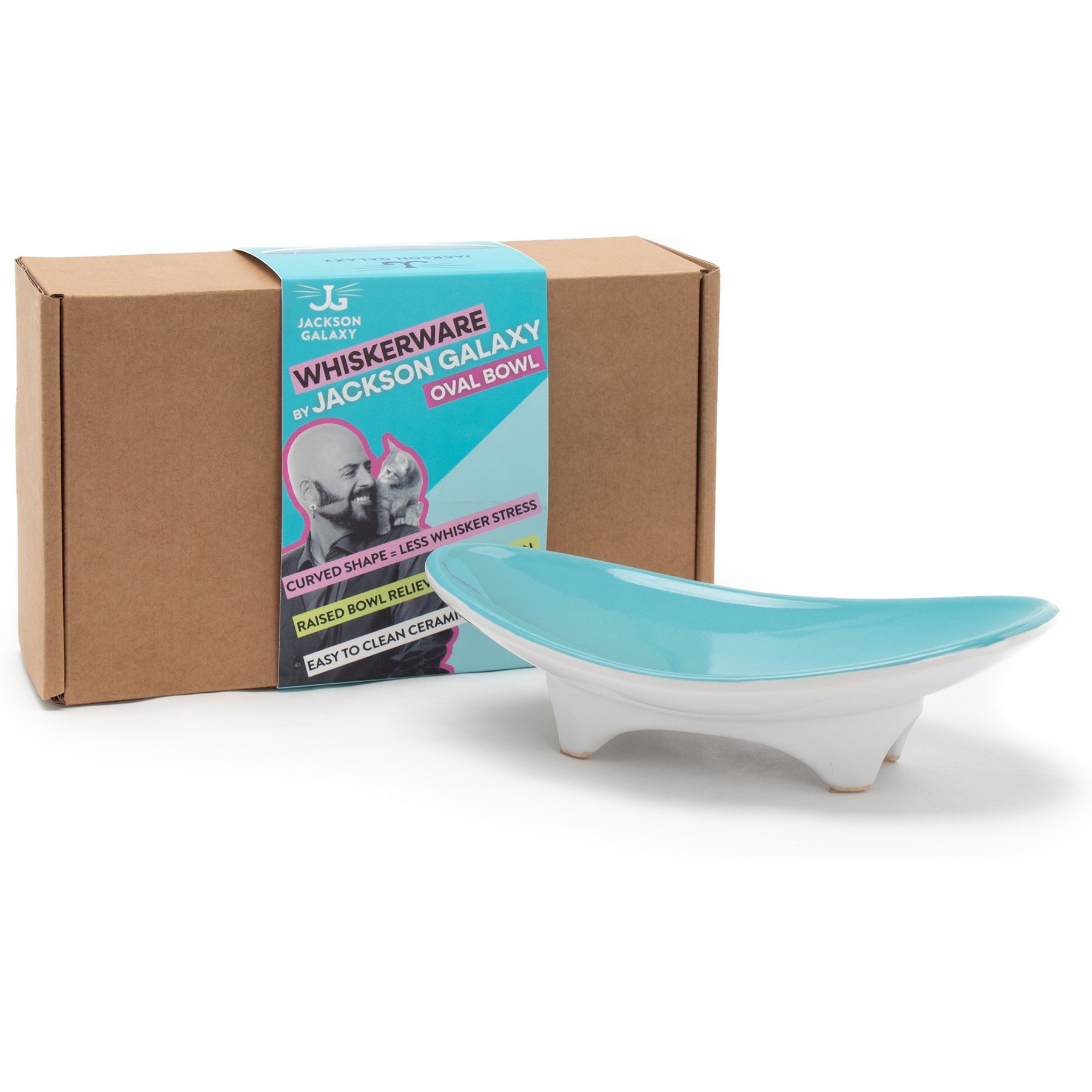 Jackson Galaxy Whiskerware Ceramic Oval Elevated Cat Bowl, White/Blue, Small: 1-cup
