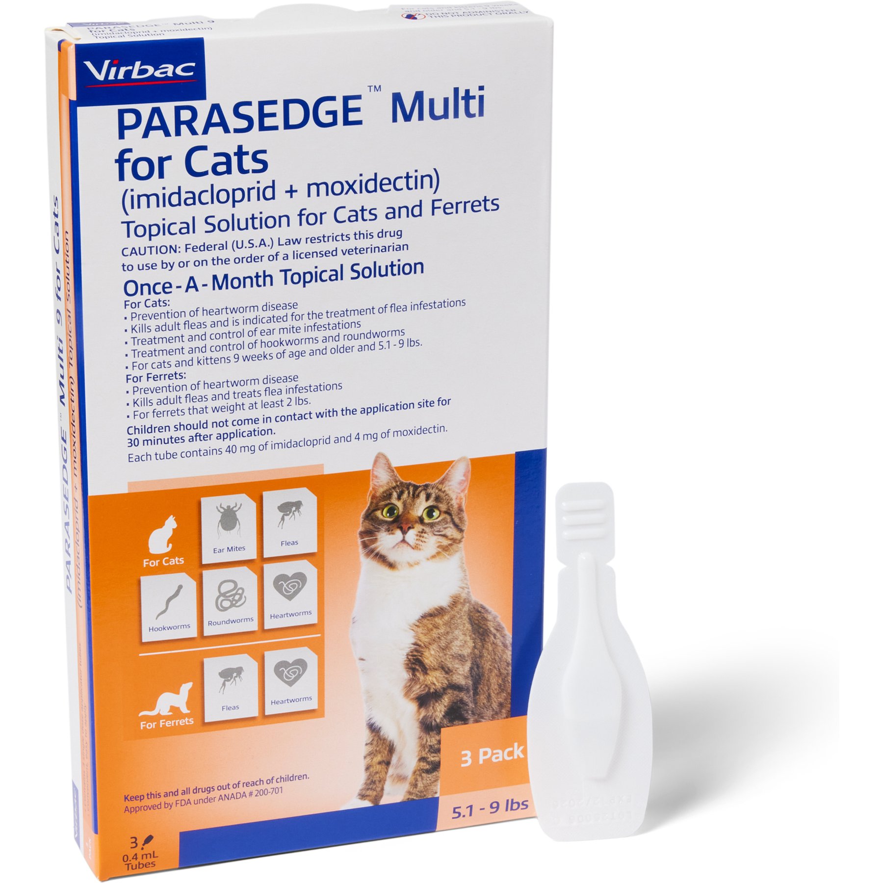 PARASEDGE Multi Topical Solution for Cats, 5.1-9 lbs (Orange Box), 3 Doses (3-mos. supply)