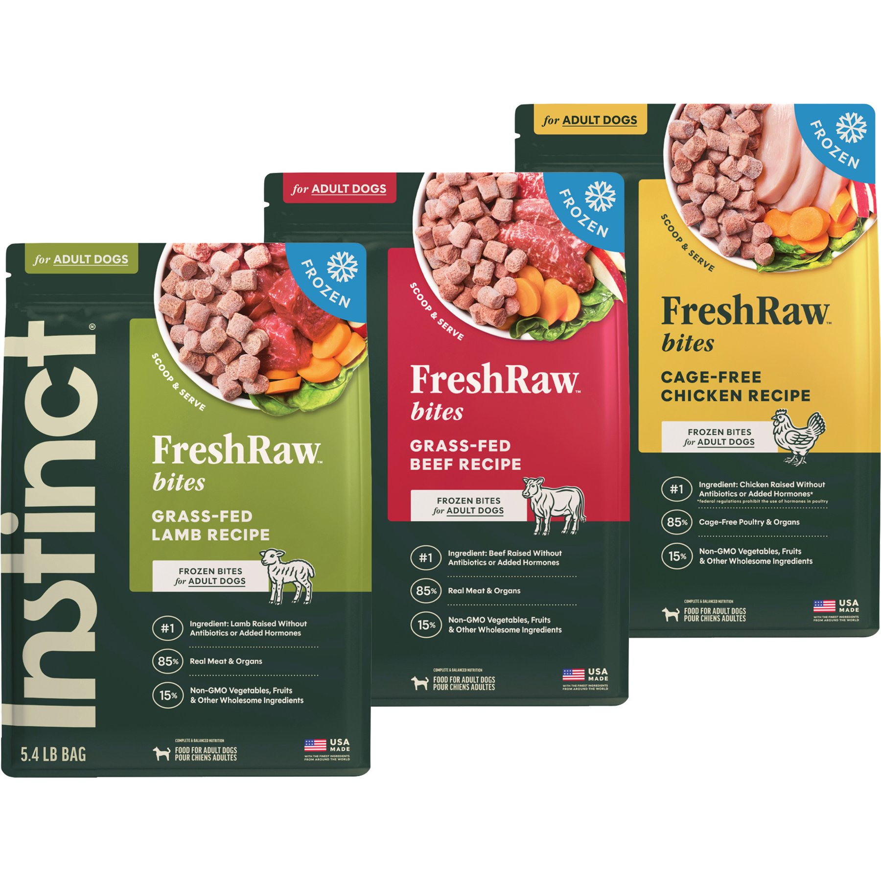 Variety Pack - Instinct Frozen Raw Bites Grain-Free Cage-Free Chicken Recipe Dog Food, Beef & Lamb Flavors
