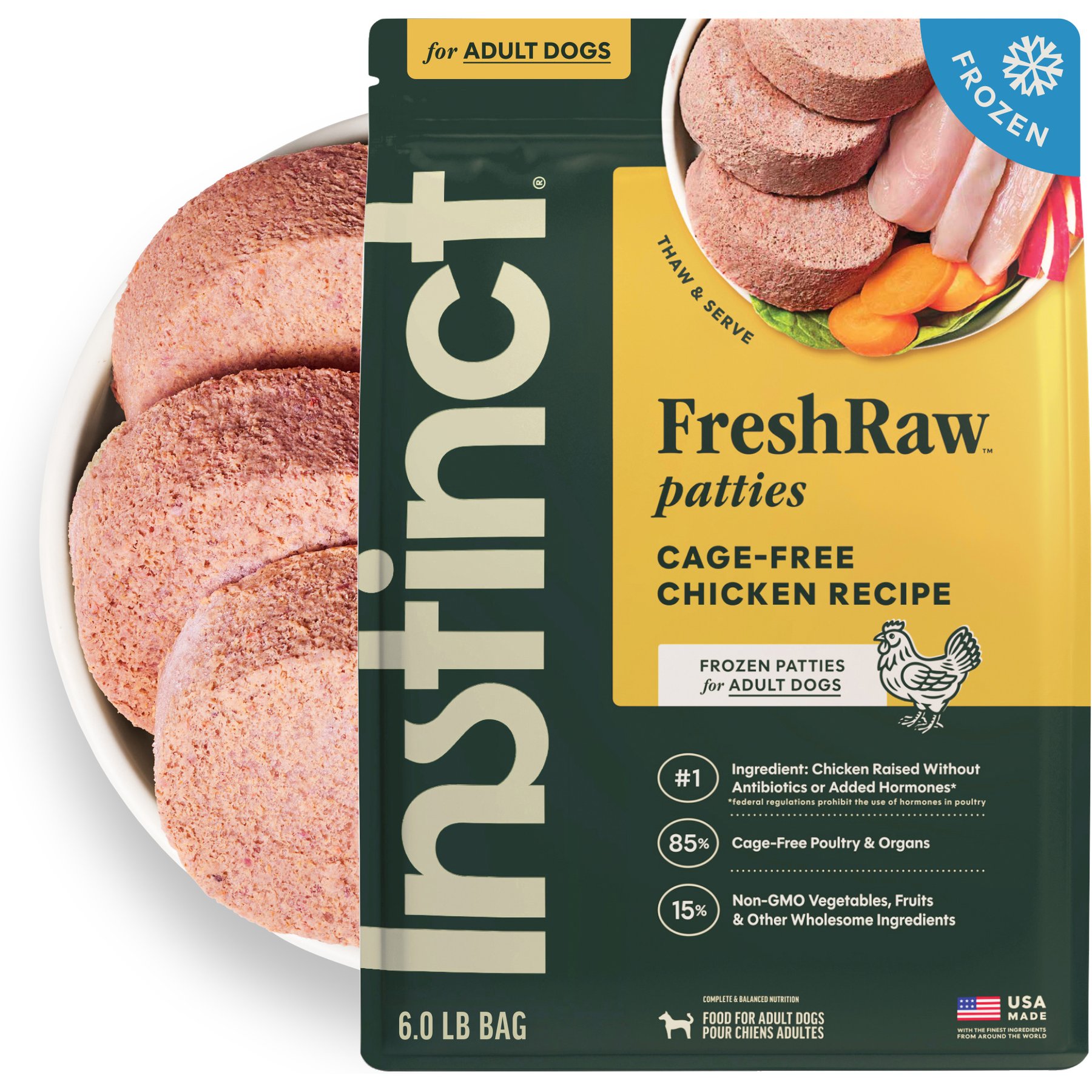 Instinct FreshRaw Patties Cage-Free Chicken Recipe Dog Food, 6-lb bag, case of 3