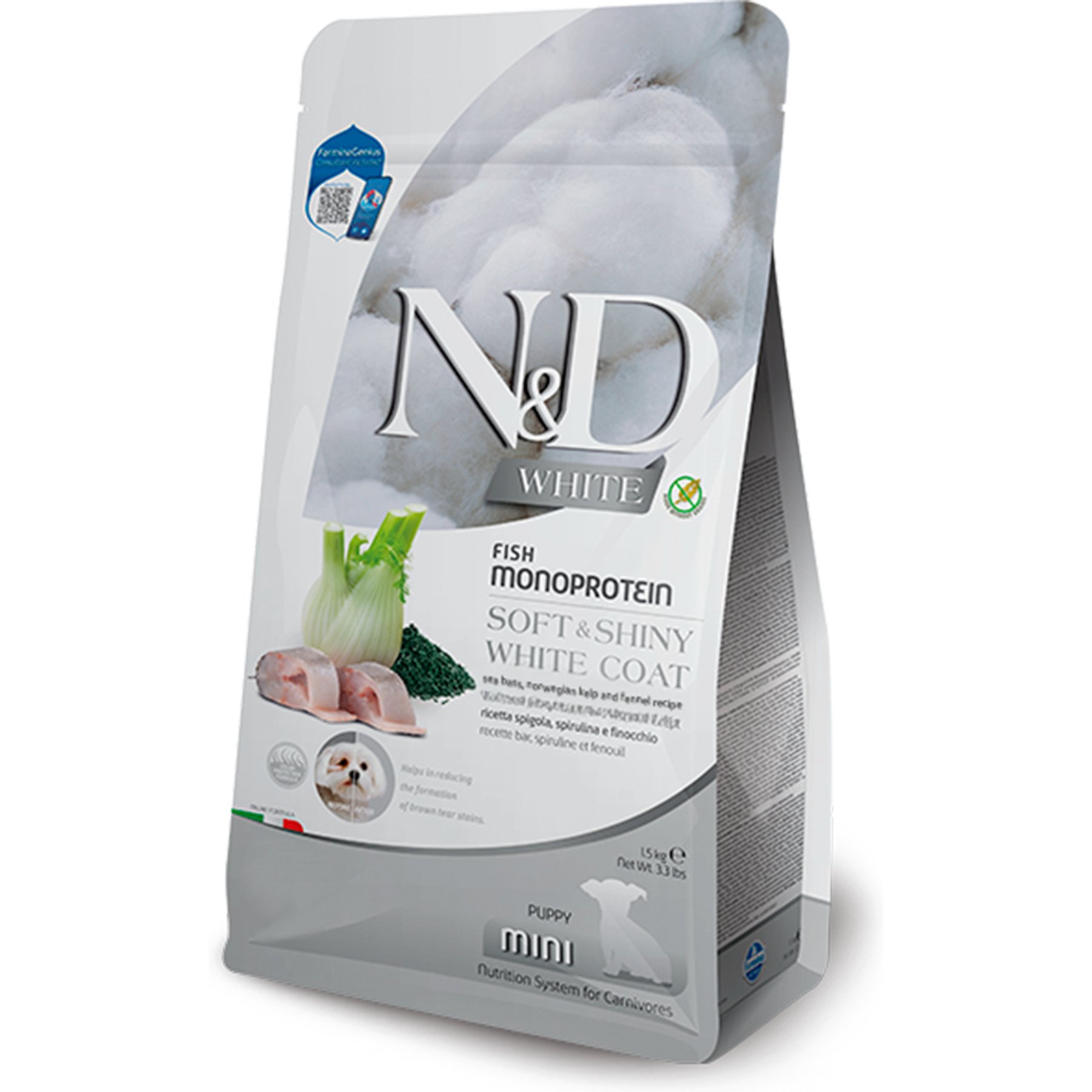 Farmina N&D White Coat Sea Bass, Norwegian Kelp & Fennel Puppy Mini Dry Dog Food, 3.3-lb bag