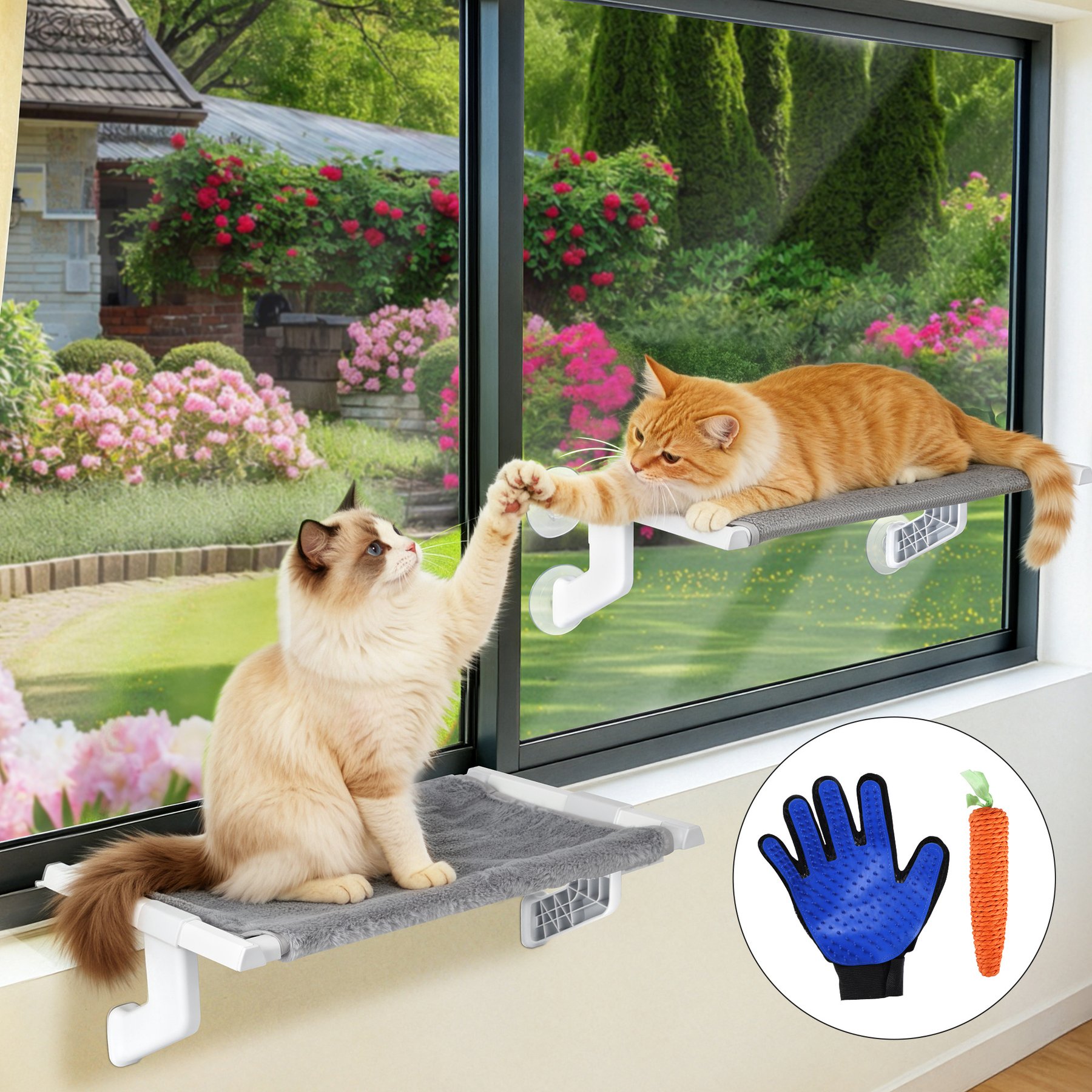 HOMAGICO Cat Window Hammock Removable Cushions Dual Mounting with Suction Cups, 22 x 13-in, Grey