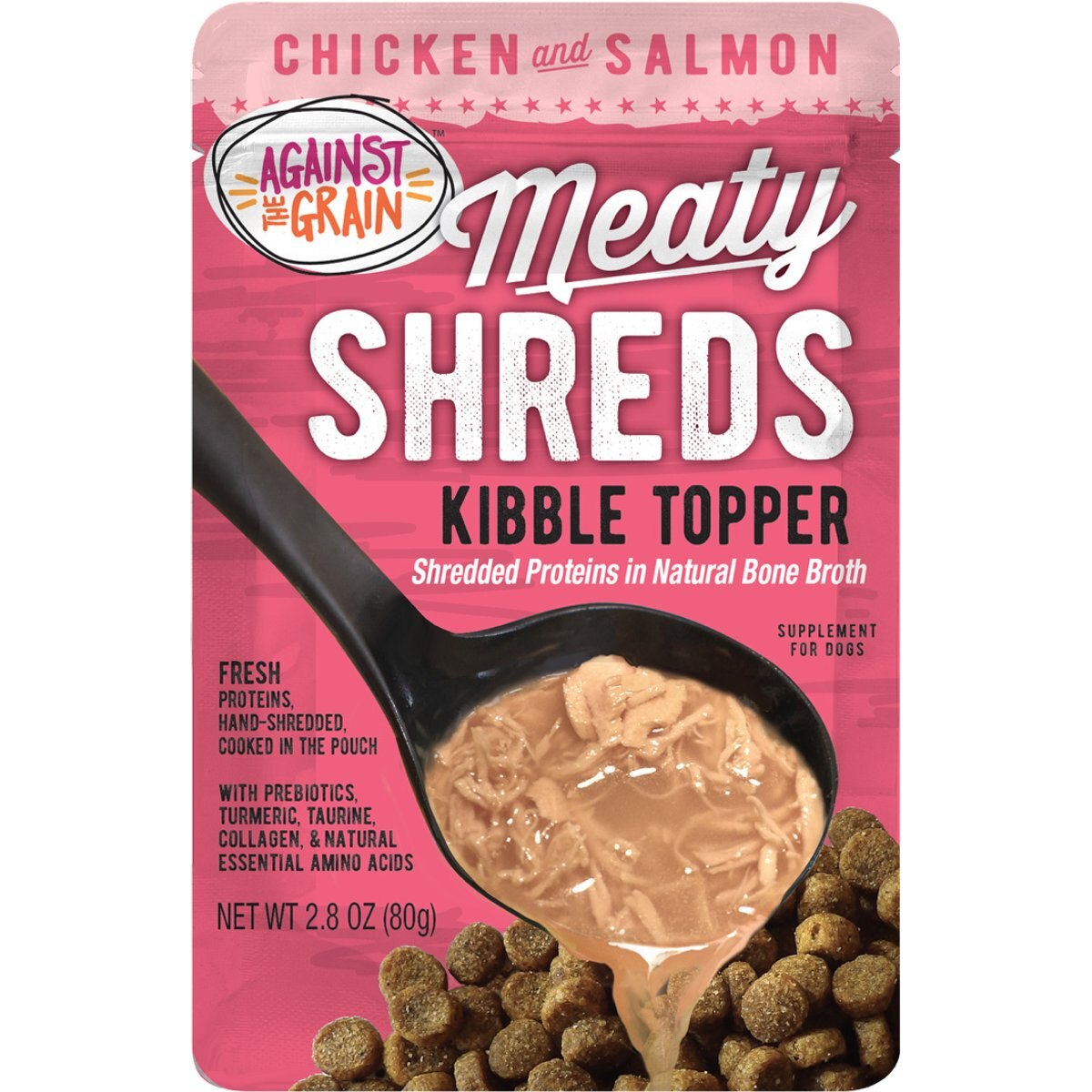 Against the Grain Shreds Slow Cooked Shredded Chicken & Salmon Kibble Recovery Flax Free Dog Food Topper, 2.8-oz pouch, case of 12