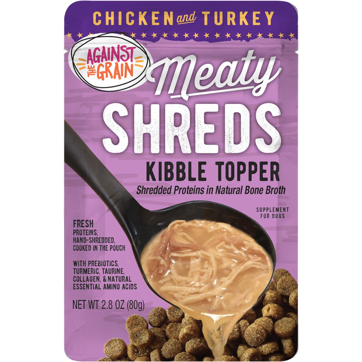 Against the Grain Shreds Slow Cooked Shredded Chicken & Turkey Kibble Topper Sensitive Digestion Pea Free Wet Dog Food Topper, 2.8-oz pouch, case of 12