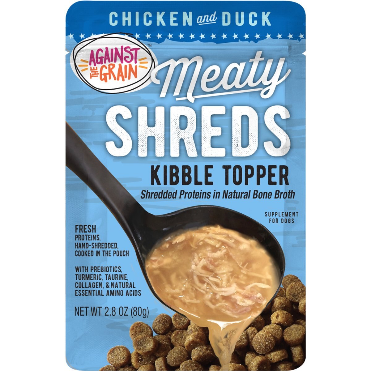 Against the Grain Shreds Slow Cooked Shredded Chicken & Duck Kibble Kidney Care Limited Ingredient Diet Dog Food Topper, 2.8-oz pouch, case of 12