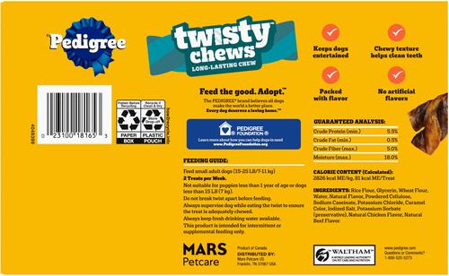 Show full view: Pedigree Twisty Chews Chicken & Beef Flavor Long-Lasting Hard Chew Dog Treats, Small, 9.17-oz pouch, 4 count slide 3 of 9