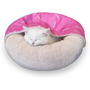 PawsPik Orthopedic Memory Foam Donut-Themed Plush Bolster Cat & Dog Bed & Removable Cover, Medium, Strawberry
