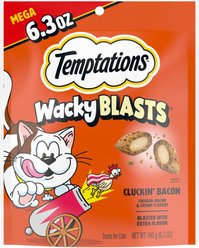 Temptations Wacky Blasts Cluckin’ Bacon Flavor Crunchy Cat Treats, 6.3-oz pouch, case of 10