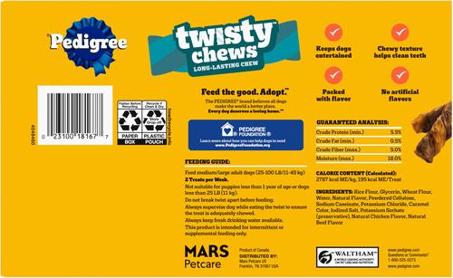 Show full view: Pedigree Twisty Chews Chicken & Beef Flavor Long-Lasting Hard Chew Dog Treats, Medium/Large, 9.17-oz pouch, 16 count slide 3 of 9