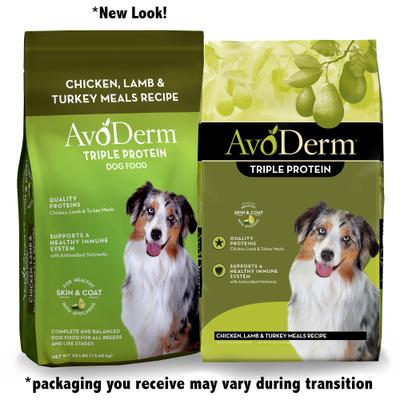 Show full view: AvoDerm Natural Triple Protein Chicken, Lamb & Turkey Meals Recipe All Life Stages Dry Dog Food, 30-lb bag slide 3 of 9