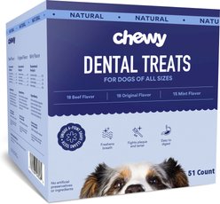 Chewy Natural Dental Chew Sticks Variety Pack, Original, Beef, & Mint Flavor (FORMERLY TRUE ACRE FOODS), 51 count