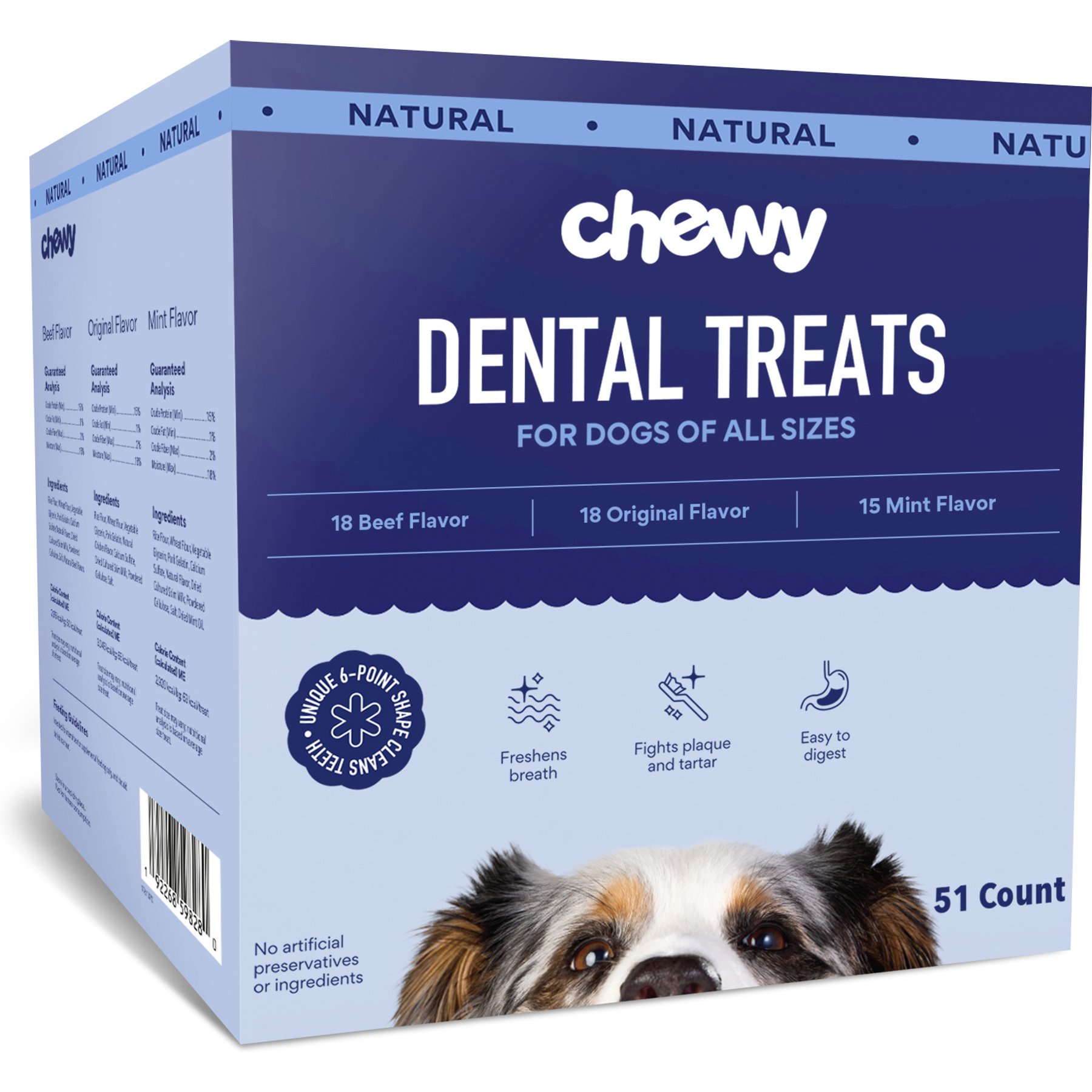 Chewy Made Natural Dental Chew Sticks Variety Pack, Original, Beef, & Mint Flavor (FORMERLY TRUE ACRE FOODS), 51 count