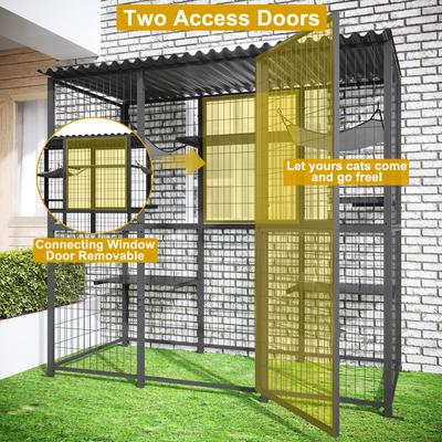 Show full view: LovMor Metal Catio Outdoor Waterproof Roof Cat Enclosure with Platforms & Hammocks, 70.1 x 21.65 x 61-in, Black slide 6 of 8