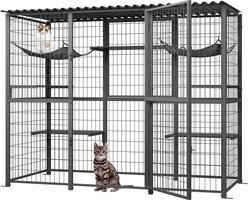 LovMor Metal Catio Outdoor Waterproof Roof Cat Enclosure with Platforms & Hammocks, 70.1 x 21.65 x 61-in, Grey