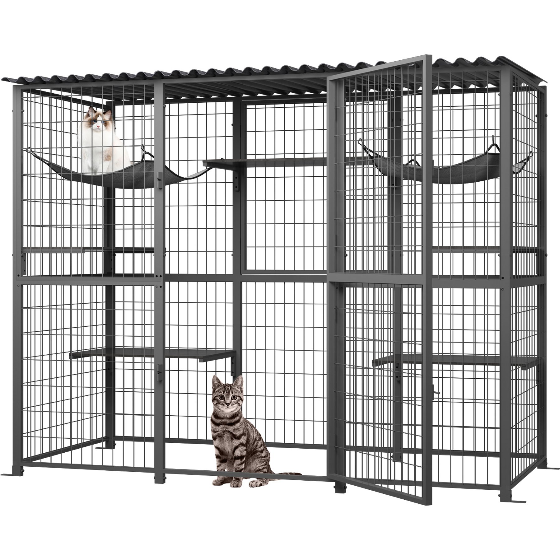LovMor Metal Catio Outdoor Waterproof Roof Cat Enclosure with Platforms & Hammocks, 70.1 x 21.65 x 61-in, Grey